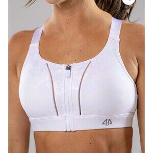 ALPHA PRIME Serpent Front Zip Sports Bra satin finish sheer trim molded cups NEW